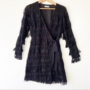 ISLA Fringe tassel long sleeve boho wrap black dress
